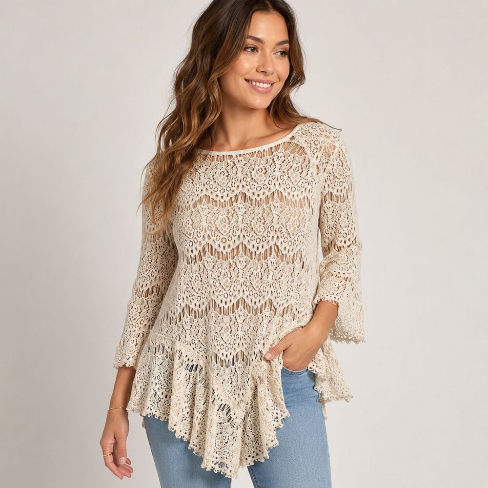 En Creme Women’s Medium Ivory Crochet Lace Tunic Top Ruffle Hem Boho 3/4 Sleeve